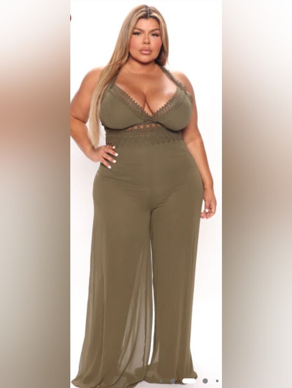 Fashion Nova Celeste Chiffon Olive Lace-Trim Wide-Leg Jumpsuit Size 3X